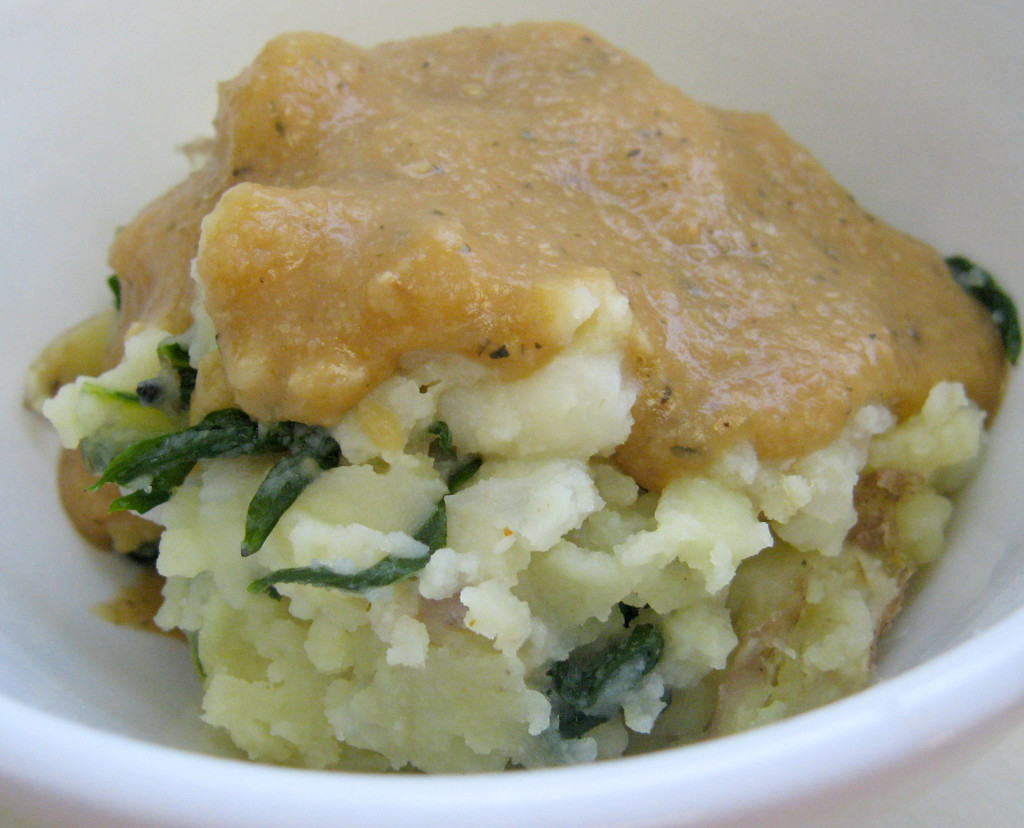 Mashed Potatoes with Dandelion Greens and Gravy